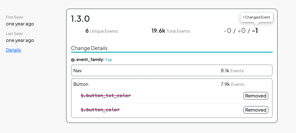 Changelog sample showing a set of removed properties