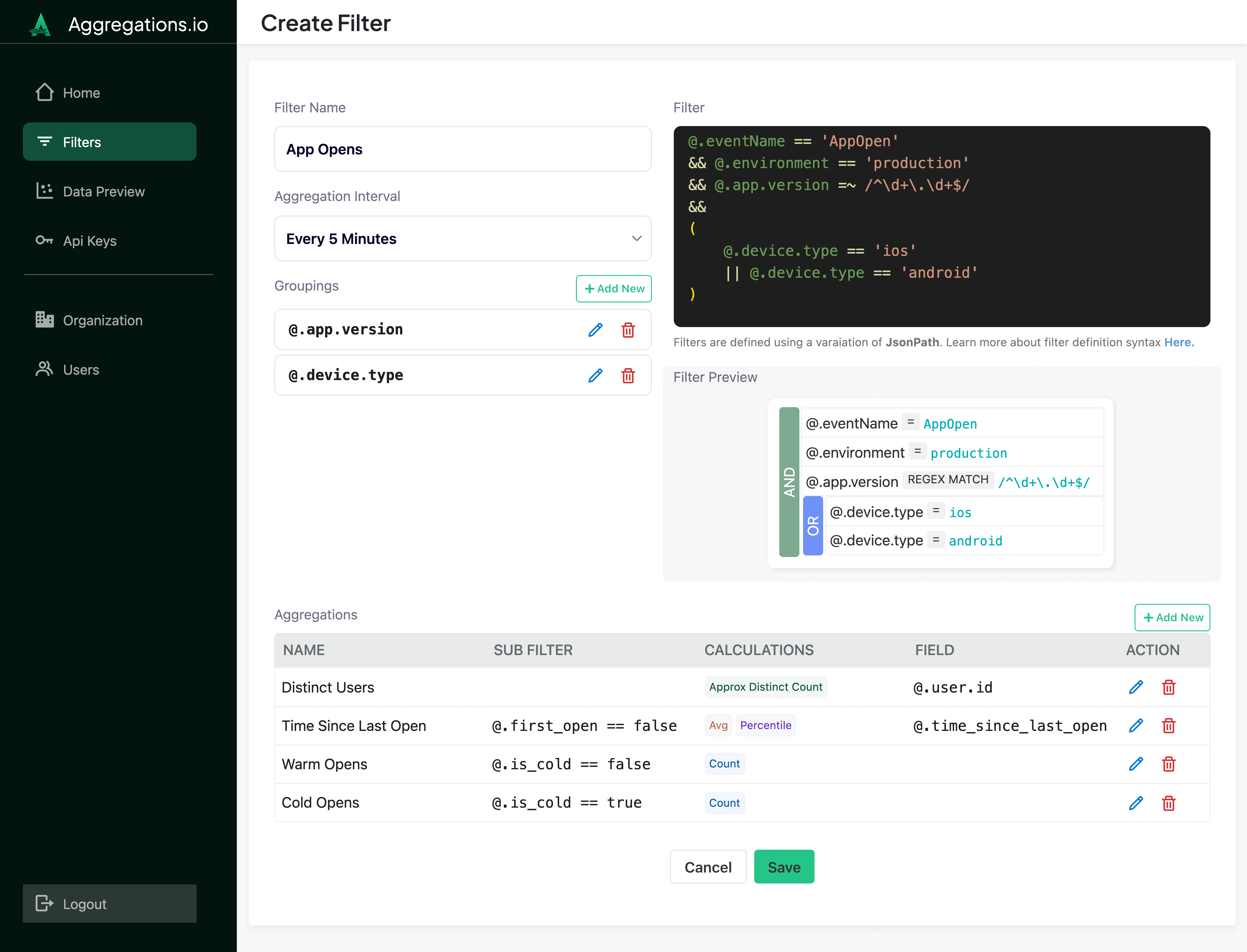 Screenshot showing filter creation on Aggregations.io.